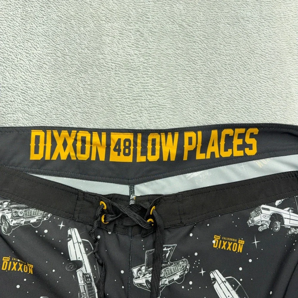 Dixxon Board Shorts Mens 48 Black Low Places Lowrider Car Print Swim Trunks